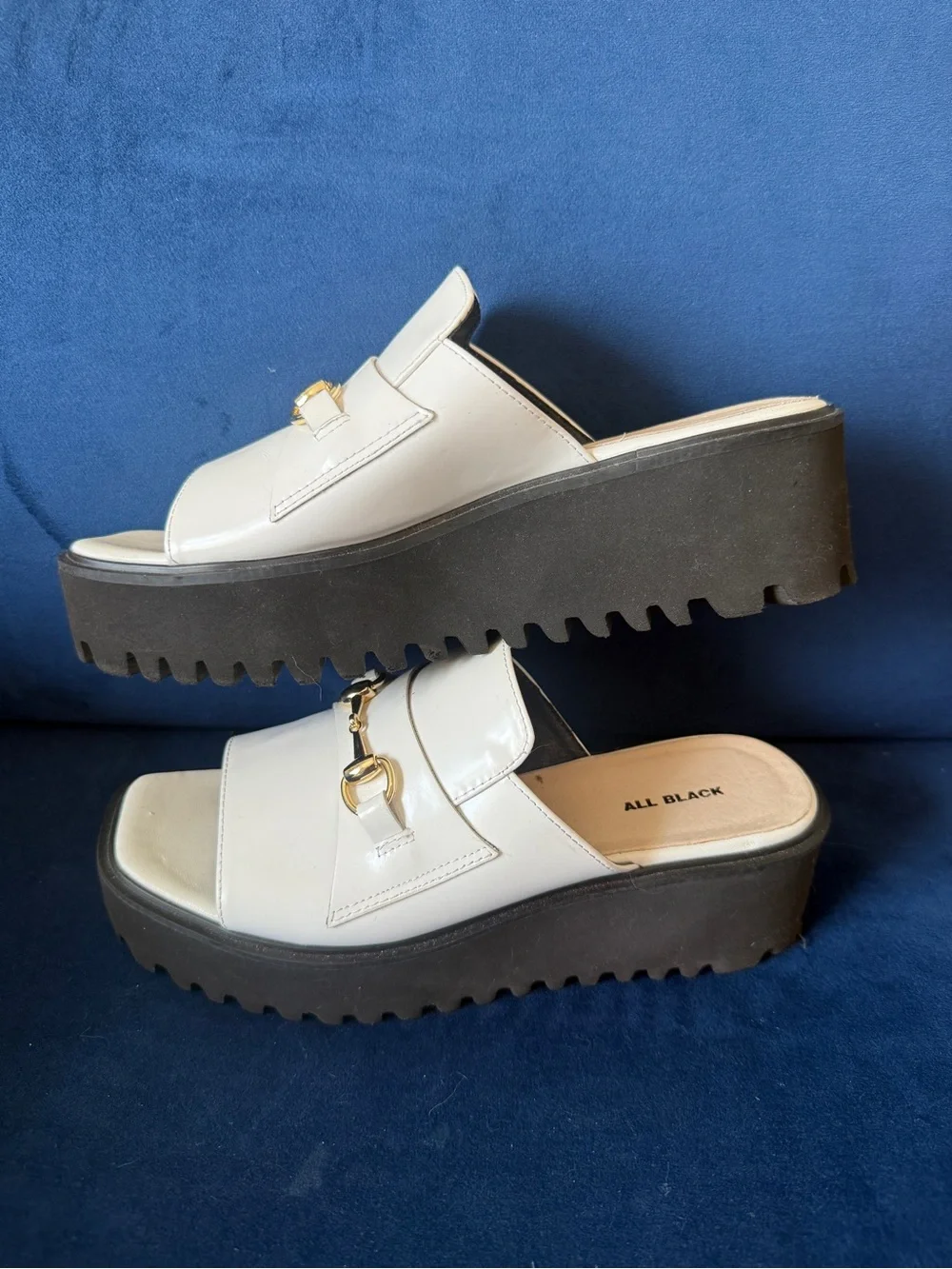 ALL BLACK White Leather Slip-On Platform Mules with Gold Bit